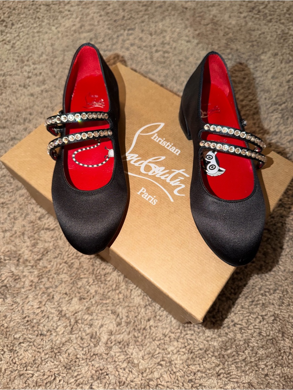 Christian Louboutin Black Satin Girls' Mary Janes with Crystal Straps